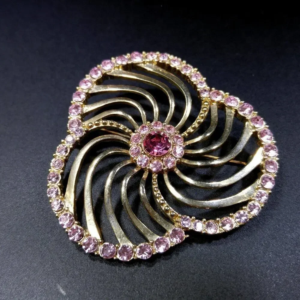 Liz Claiborne Pink Rhinestone Openwork Brooch, 2 1/8 Inches